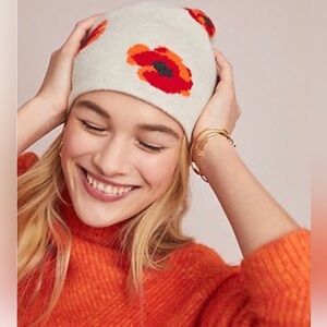 Anthropologie Beanie Hat Cap Gray Beige Floral Cashmere Blend Has Flaws